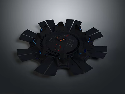 Black Circular Mechanical Device With Radial Blades Central Red Details And Blue Lights 3d model