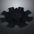 Black Circular Mechanical Device With Radial Blades Central Red Details And Blue Lights