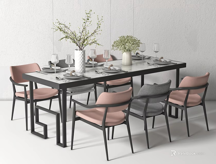 Modern Dining Table Set With Pink And Gray Chairs Vases Plants Tableware And Wine Glasses 3d model 