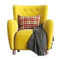 Yellow Armchair with Plaid Pillow and Gray Blanket on Wooden Legs