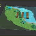 Outdoor Play Equipment With Wooden Plank Walkway Green Grass And Blue Water Area