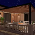 Rooftop Garden Design With Cozy Sofa Fireplace Wooden Ceiling And Lush Plants