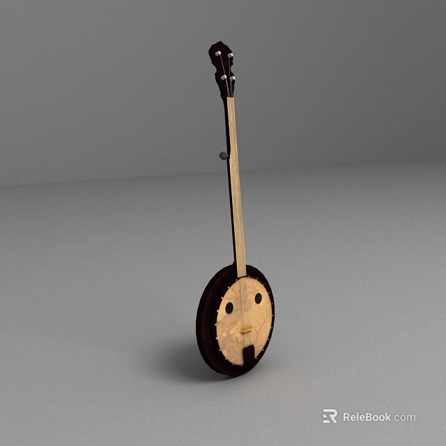 Wooden Banjo With Round Body And Long Neck Design On Gray Background 3d model 