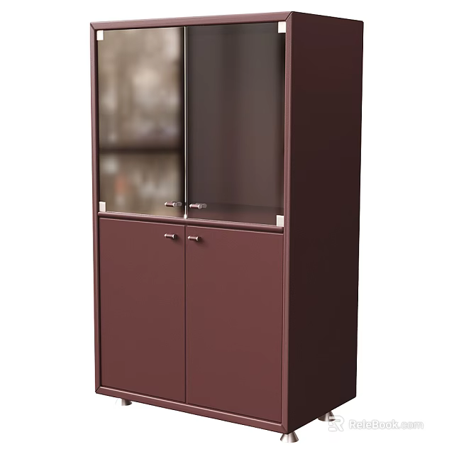 Modern Maroon Display Cabinet With Glass Panel Doors And Sleek Metal Handles Design 3d model 
