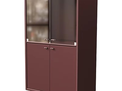 Modern Maroon Display Cabinet With Glass Panel Doors And Sleek Metal Handles Design 3d model