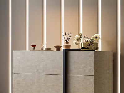 Modern Entryway Console Cabinet With White Flowers Fragrance Diffuser And Vertical Ambient Lighting 3d model