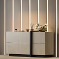 Modern Entryway Console Cabinet With White Flowers Fragrance Diffuser And Vertical Ambient Lighting
