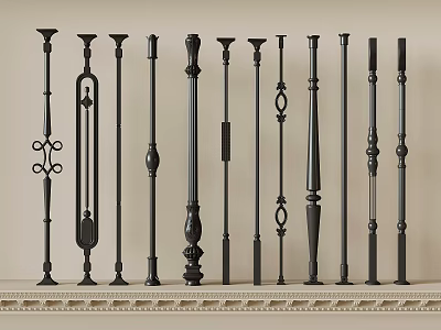 Black Decorative Balusters With Various Intricate Designs Displayed On Shelf 3d model