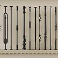 Black Decorative Balusters With Various Intricate Designs Displayed On Shelf 3d model