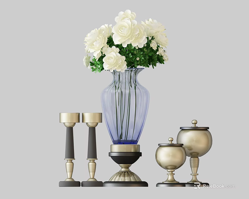 Blue Glass Vase with White Roses and Decorative Metal Candle Holders in Modern Home Decor 3d model 