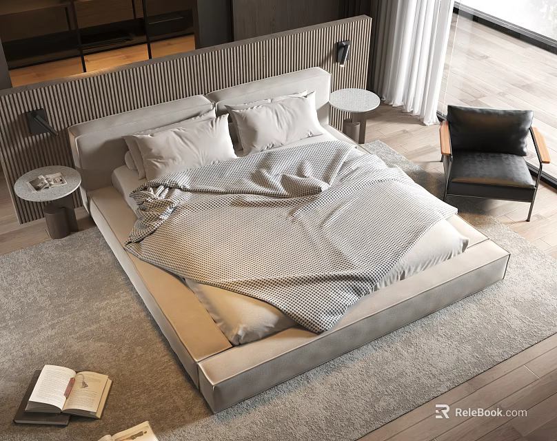 Modern Double Bed with Gray Bedspread Pillows Bedside Tables Chair Rug and Wooden Floor 3d model 
