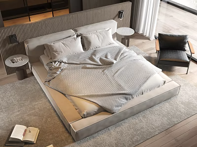 Modern Double Bed with Gray Bedspread Pillows Bedside Tables Chair Rug and Wooden Floor 3d model