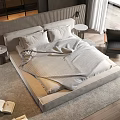 Modern Double Bed with Gray Bedspread Pillows Bedside Tables Chair Rug and Wooden Floor