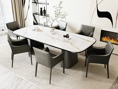 Modern Dining Table Set With Marble Top Six Gray Chairs Near Fireplace And Abstract Painting 3d model