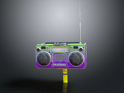Colorful Vintage Boombox With Dual Speakers Antenna And Control Panel On Yellow Stand 3d model
