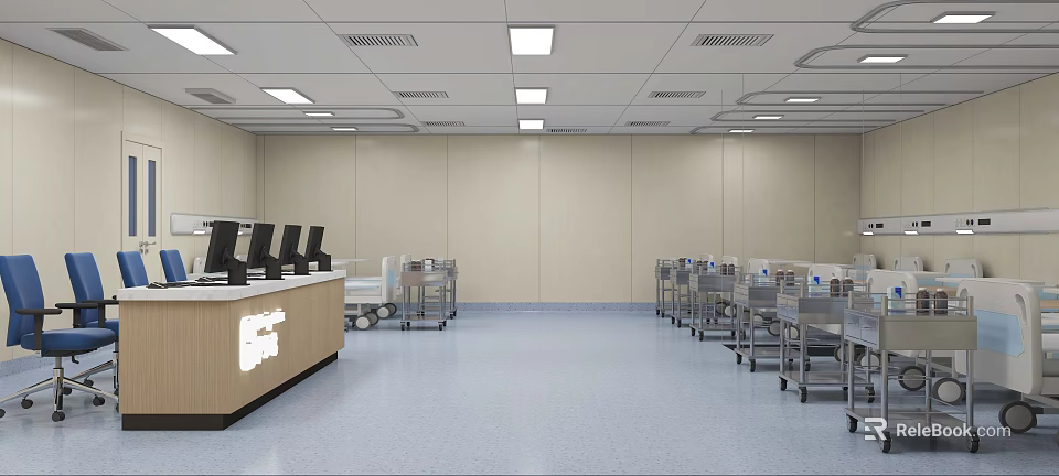 Other Indoor Interior With Reception Counter Medical Carts Seats And Ceiling Lights 3d model 