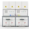 Laboratory Workbench Setup With Upper Cabinets Warning Signs Reagent Bottles And Stools
