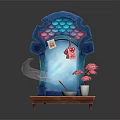Decorative Blue Arched Structure With Fish Fin Decorations Pink Flowers Incense Burner On Wooden Base