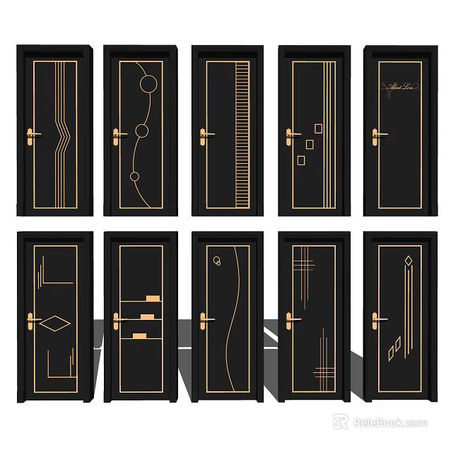 Black Swing Doors With Various Modern Golden Accent Designs For Interior 3d model