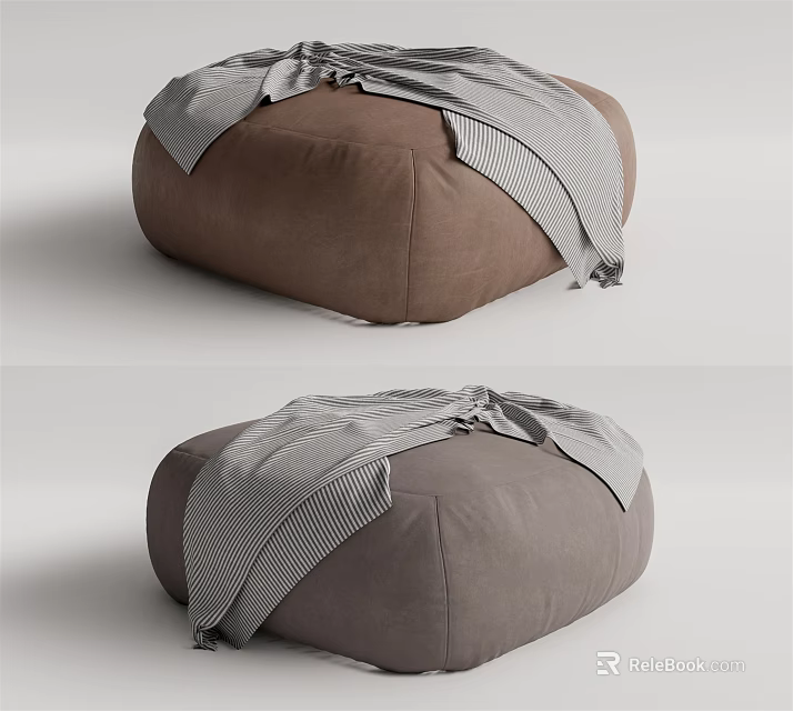 Comfortable Brown And Gray Ottoman With Striped Blanket For Living Room 3d model 