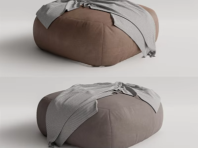 Comfortable Brown And Gray Ottoman With Striped Blanket For Living Room 3d model