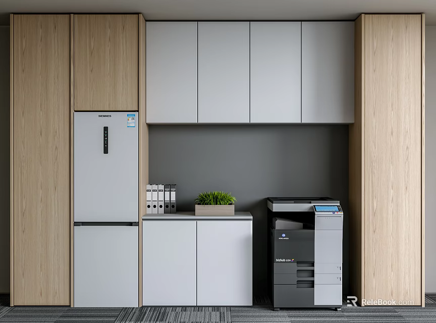 Office Appliances In Modern Workspace With Multifunctional Printer Wooden Cabinets File Organizers And Green Plant 3d model 