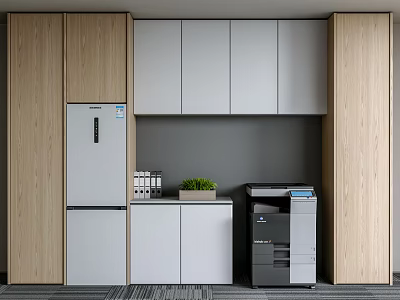Office Appliances In Modern Workspace With Multifunctional Printer Wooden Cabinets File Organizers And Green Plant 3d model