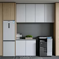 Office Appliances In Modern Workspace With Multifunctional Printer Wooden Cabinets File Organizers And Green Plant
