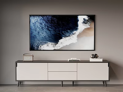 Modern TV Stand With Radio Books Decorative Items And Ocean Beach Painting 3d model