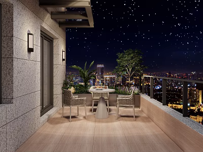 Rooftop Garden with Outdoor Furniture and City Night View Under Starry Sky 3d model