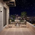 Rooftop Garden with Outdoor Furniture and City Night View Under Starry Sky