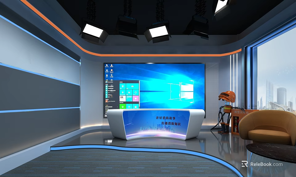 Modern News Studio Interior With Virtual Background Anchor Desk And Lighting 3d model 