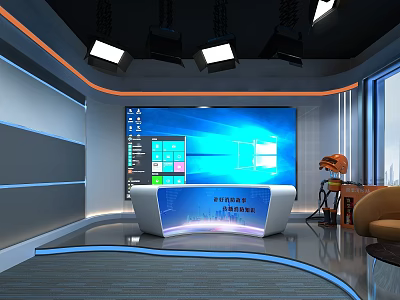 Modern News Studio Interior With Virtual Background Anchor Desk And Lighting 3d model