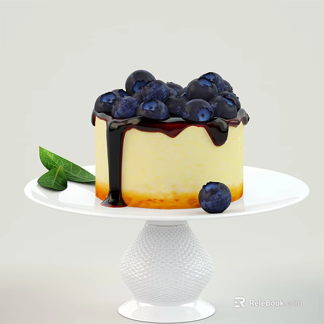Fresh Blueberry Cheesecake With Chocolate Sauce And Mint On White Stand 3d model 