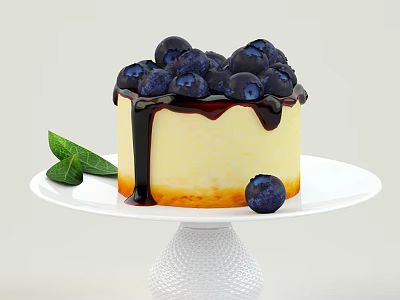 Fresh Blueberry Cheesecake With Chocolate Sauce And Mint On White Stand 3d model