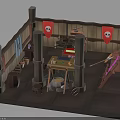 Medieval Workshop Interior With Wooden Pillars Red Banners Skull Symbols Workbench Tools And Crossbow