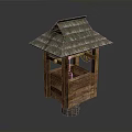 Traditional Rustic Wooden Well House Architecture With Sloped Roof And Wooden Wheel