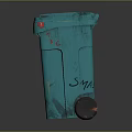 Blue Outdoor Trash Can With Red Graffiti White Figure And Wheels