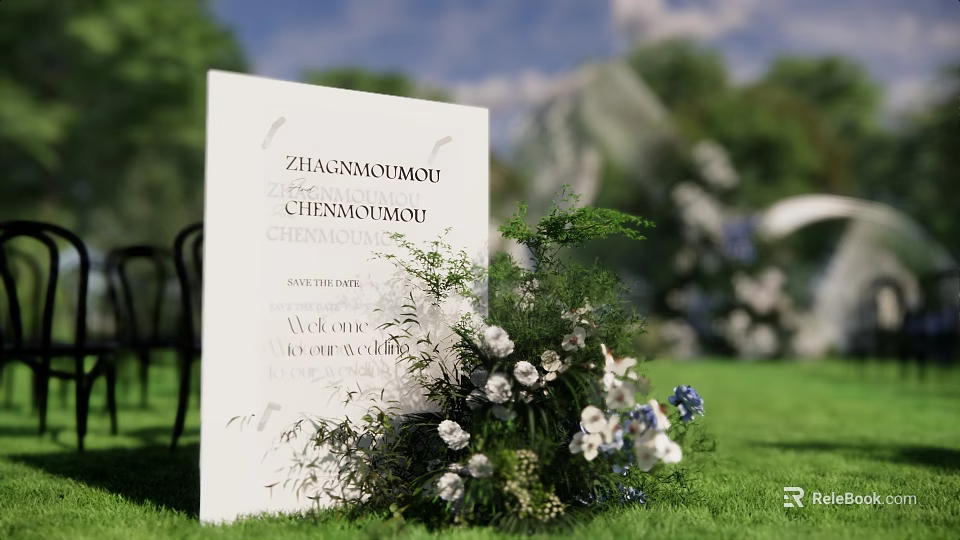 Outdoor Wedding Floral Display with White Blue Blooms Green Foliage and Welcome Sign 3d model 