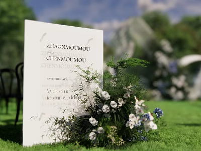 Outdoor Wedding Floral Display with White Blue Blooms Green Foliage and Welcome Sign 3d model