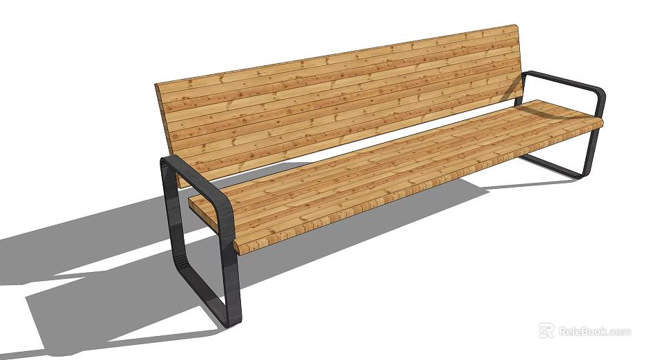 Outdoor Wooden Bench with Black Metal Frame and Armrests for Garden Patio Use 3d model 