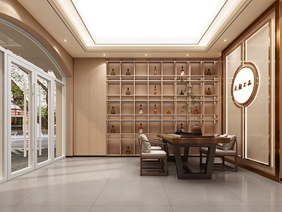 Modern Luxury Tobacco and Wine Store With Wooden Shelves Circular Decoration Tables Chairs Open Space 3d model