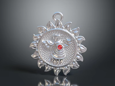 Silver Petal Shaped Pendant Jewelry With Central Red Gemstone And Intricate Design 3d model