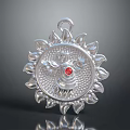Silver Petal Shaped Pendant Jewelry With Central Red Gemstone And Intricate Design