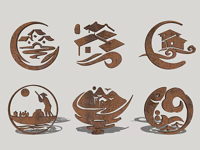 Brand Logo Designs in Rustic Metal Style with House Wave Figure and Fish Elements 3d model