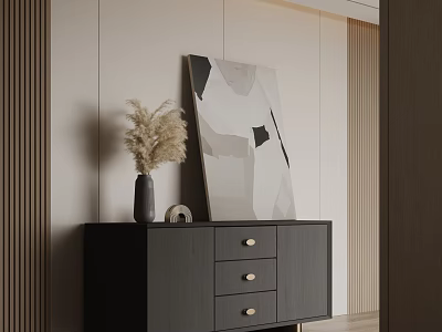 Modern Black Console Cabinet Sideboard With Three Drawers Golden Handles And Vase With Dried Flowers 3d model