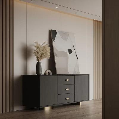 Modern Black Console Cabinet Sideboard With Three Drawers Golden Handles And Vase With Dried Flowers 3d model