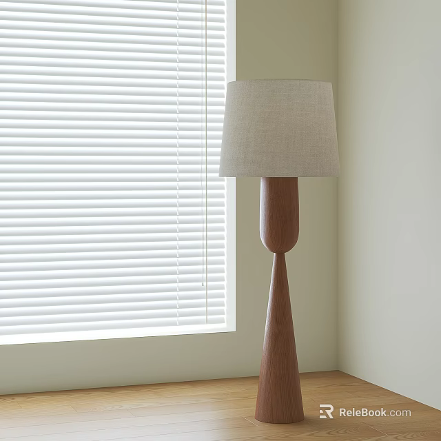 Modern Wooden Floor Lamp With Fabric Shade By Window With Blinds In Interior 3d model 