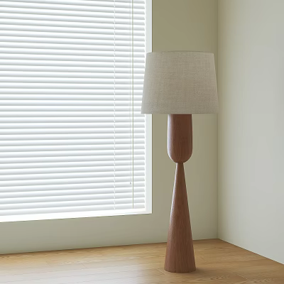 Modern Wooden Floor Lamp With Fabric Shade By Window With Blinds In Interior 3d model