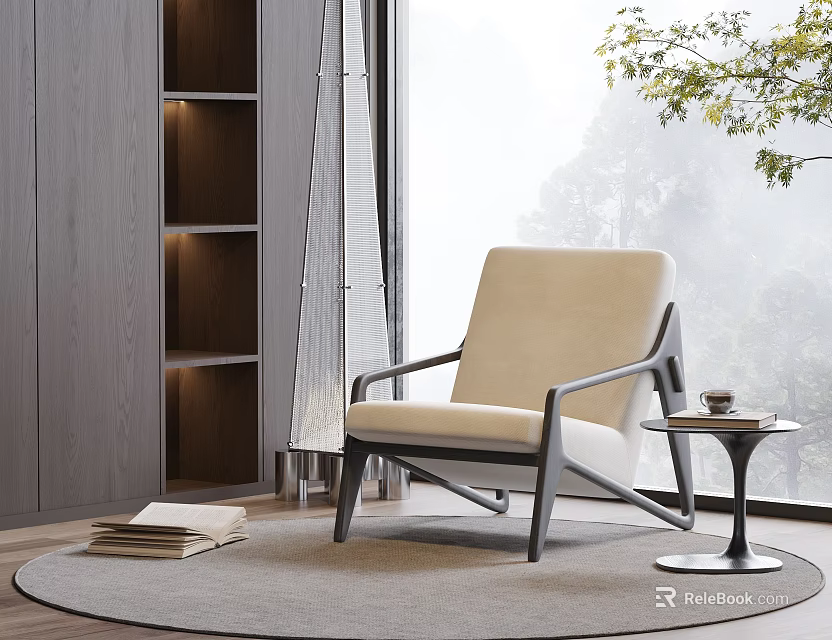 Modern Beige Leisure Chair with Black Frame Near Window on Gray Rug and Wooden Bookshelf 3d model 